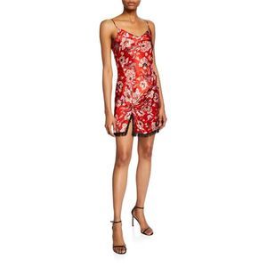 Cinq A Sept Dress Avalyn Red Floral Silk  Cowl Neck Beaded Fringe Mini